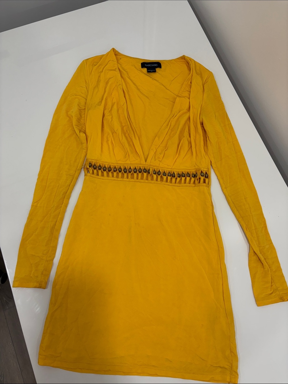 Guess by Marciano Mustard Yellow Long-Sleeve V-Neck Dress with Embellished Waist
